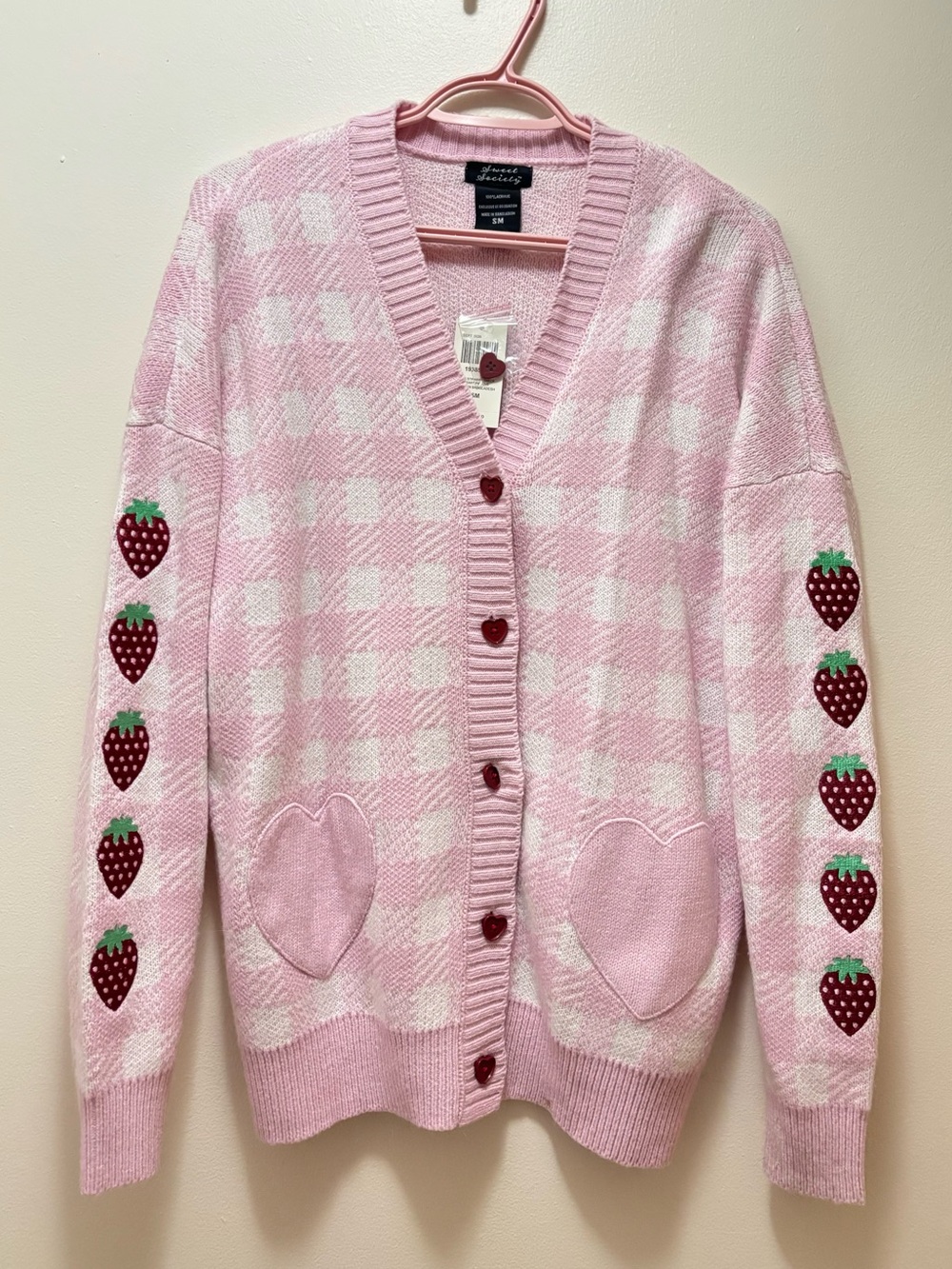 Strawberry gingham oversized cardigan Sweet Society Hot Topic heart sleeves cute
